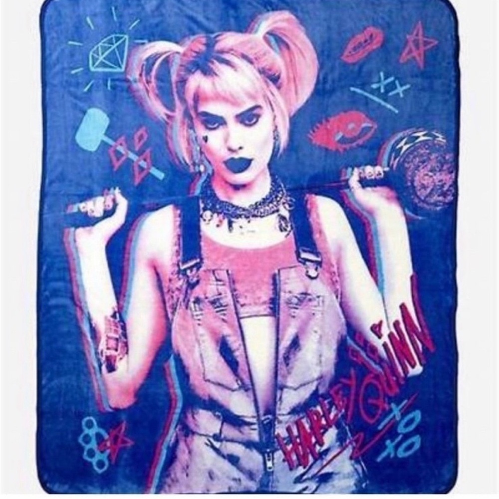 RARE DC Comics Birds Of Prey Harley Quinn Pink & Blue Plush Throw Blanket